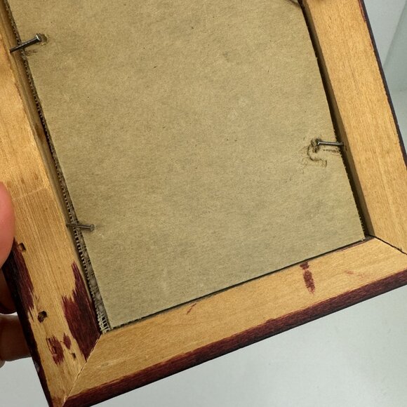 Vtg 1950s Needlepoint Art Girl in Blue Dress w Flowers w Gold Framed 7 in x 6 in - Picture 8 of 11